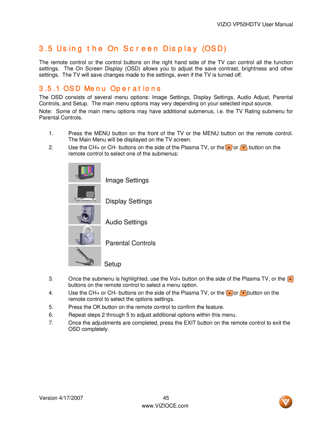 Vizio VP50HDTV manual Using the On Screen Display OSD, OSD Menu Operations 