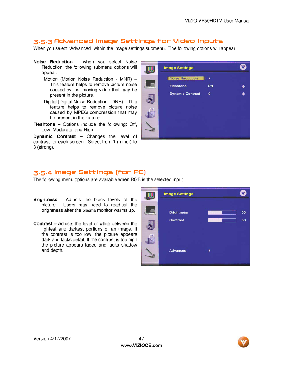 Vizio VP50HDTV manual Advanced Image Settings for Video inputs, Image Settings for PC 