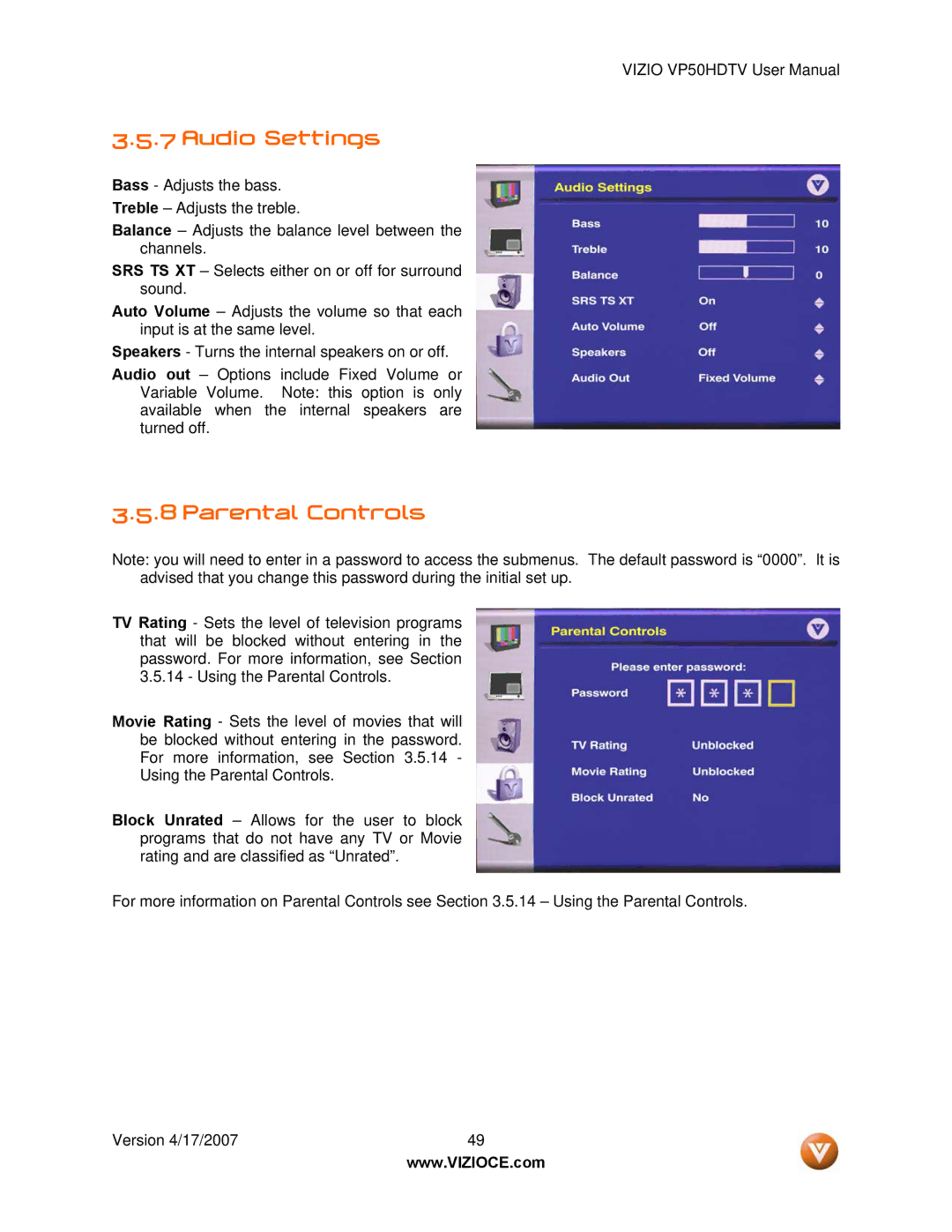 Vizio VP50HDTV manual Audio Settings, Parental Controls 