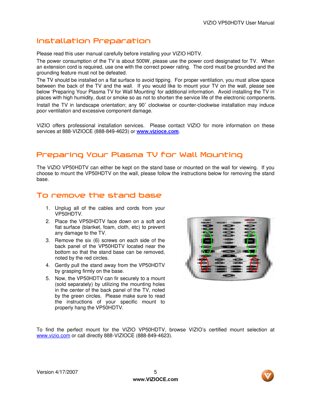 Vizio VP50HDTV manual Installation Preparation, Preparing Your Plasma TV for Wall Mounting, To remove the stand base 