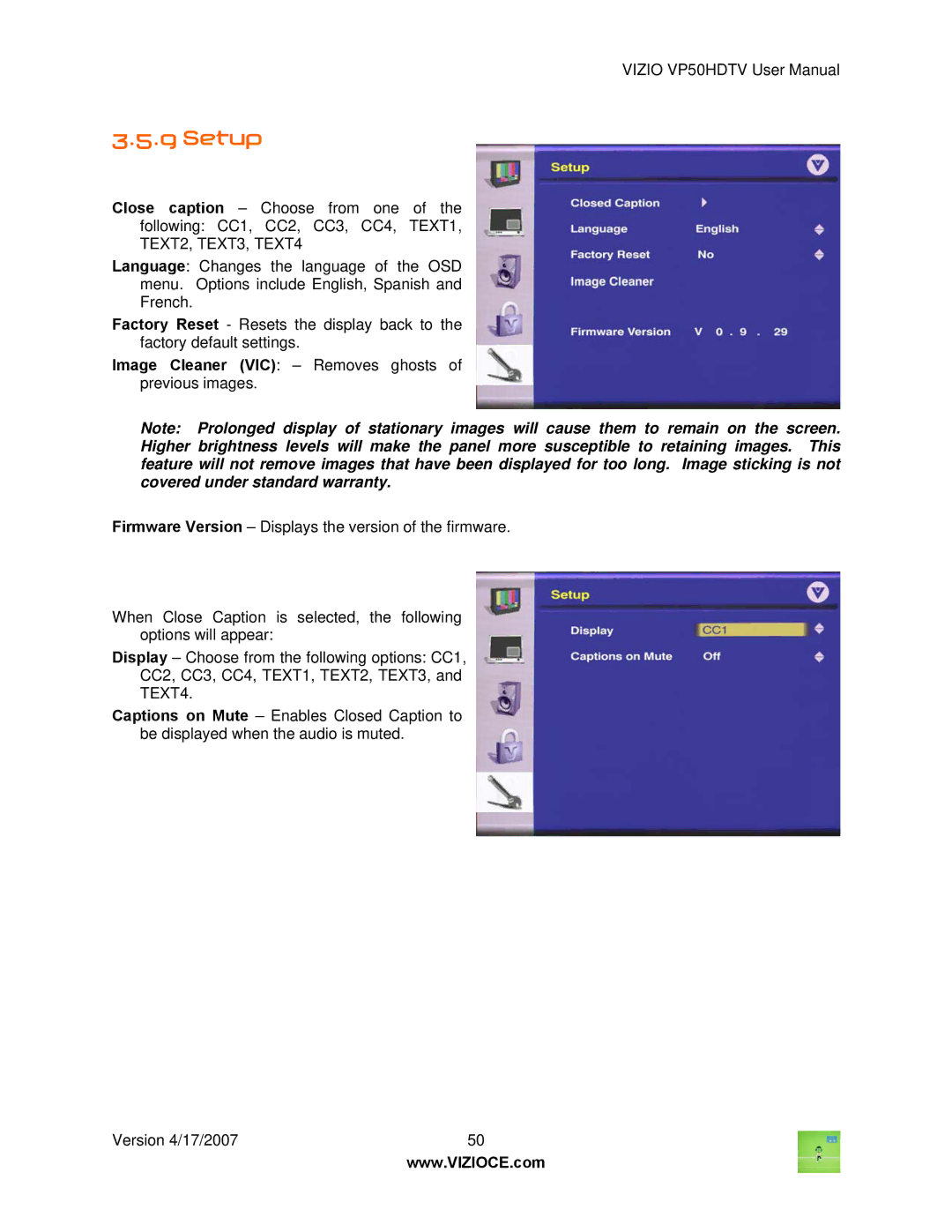 Vizio VP50HDTV manual Setup 