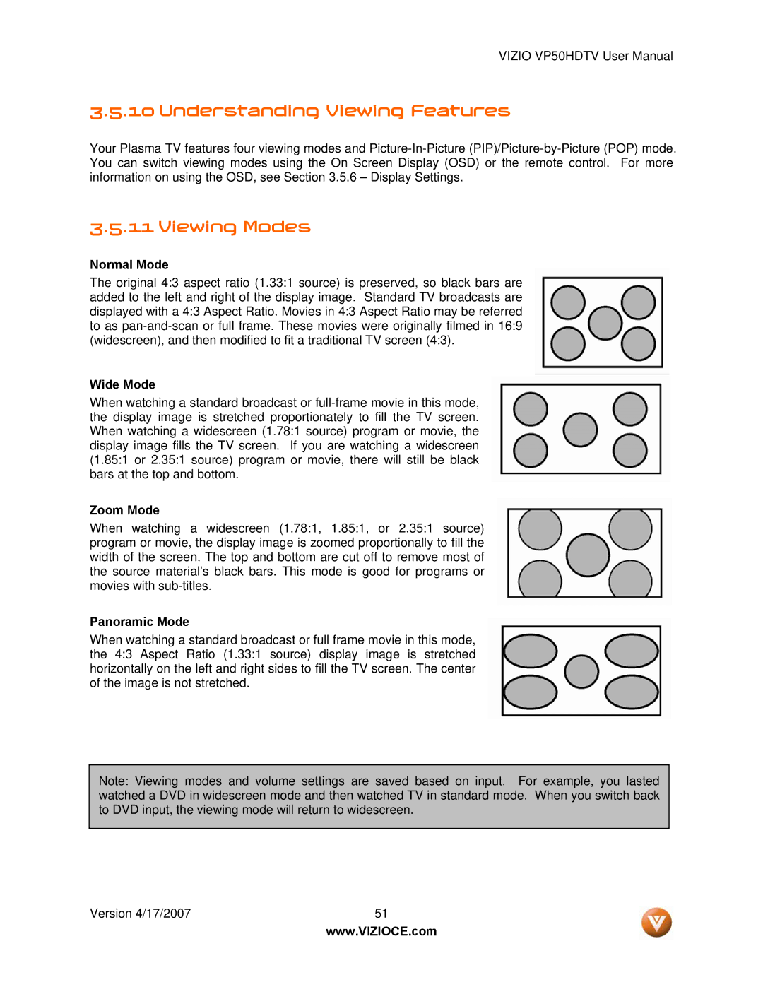 Vizio VP50HDTV manual Understanding Viewing Features, Viewing Modes 