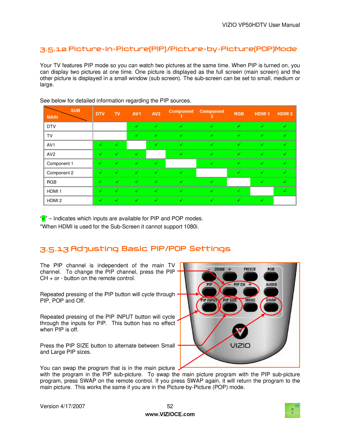 Vizio VP50HDTV manual Adjusting Basic PIP/POP Settings, Picture-In-PicturePIP/Picture-by-PicturePOPMode 