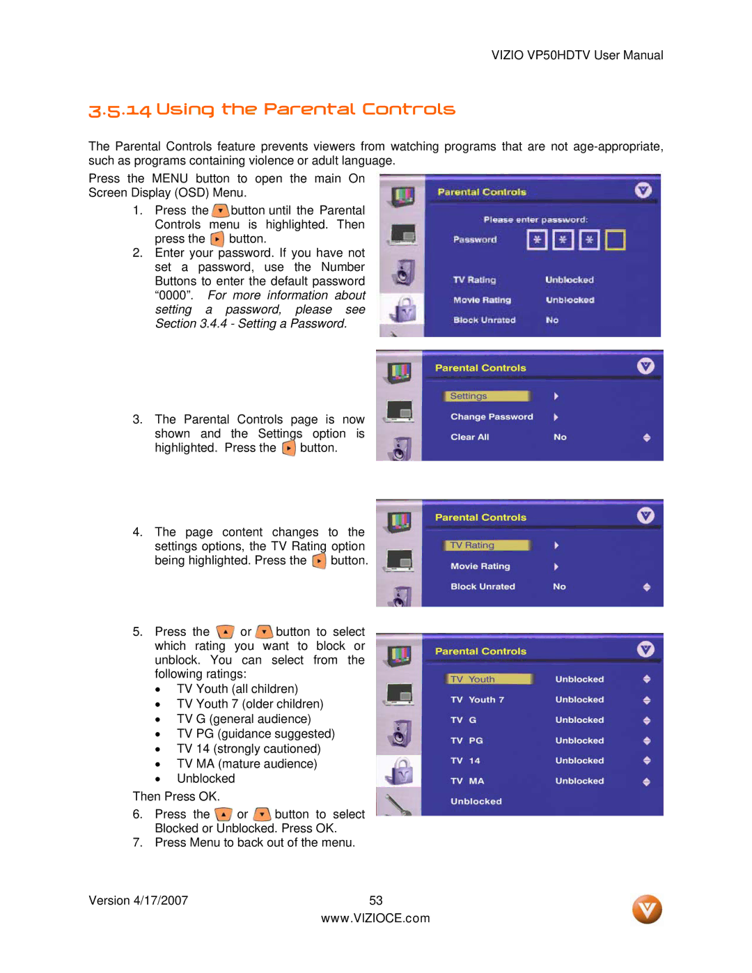 Vizio VP50HDTV manual Using the Parental Controls 