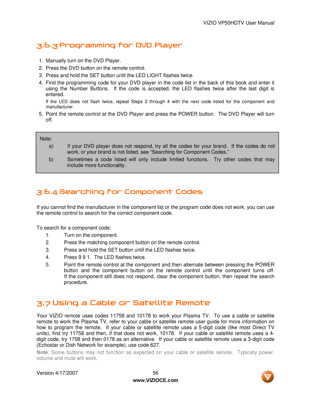 Vizio VP50HDTV manual Using a Cable or Satellite Remote, Programming for DVD Player, Searching for Component Codes 