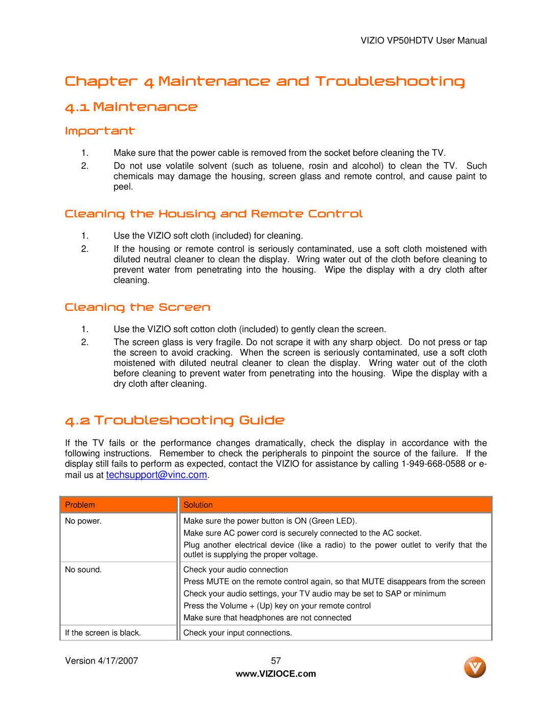 Vizio VP50HDTV manual Maintenance, Troubleshooting Guide, Cleaning the Housing and Remote Control, Cleaning the Screen 