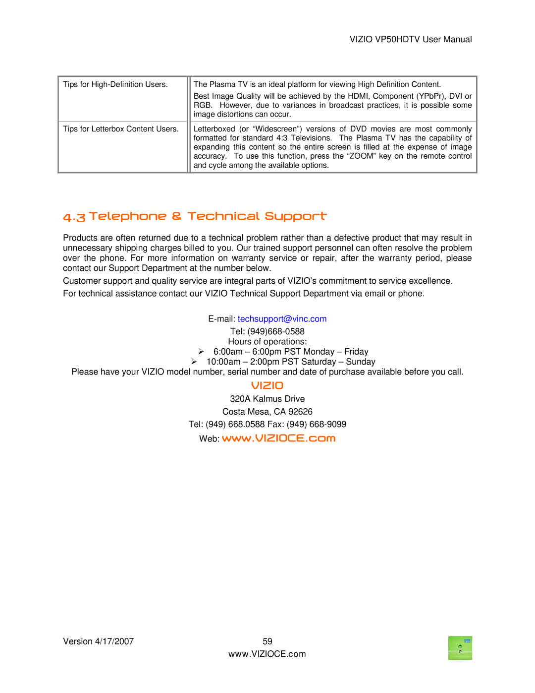 Vizio VP50HDTV manual Telephone & Technical Support, Mailtechsupport@vinc.com 