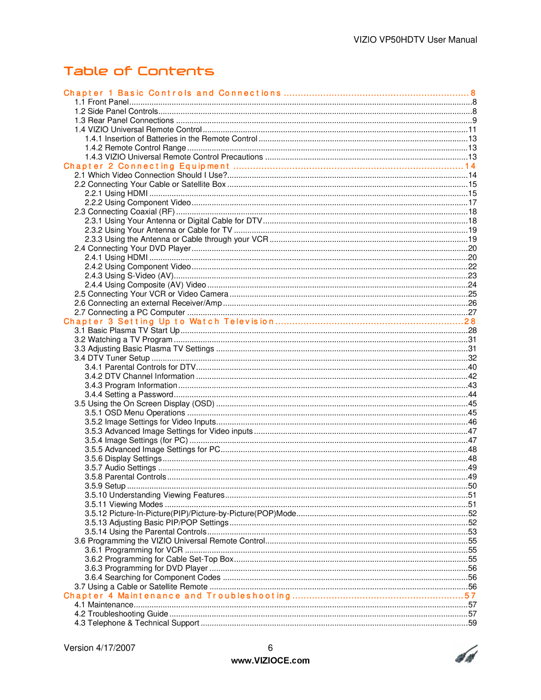 Vizio VP50HDTV manual Table of Contents 