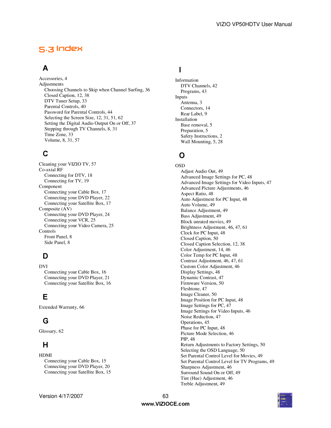 Vizio VP50HDTV manual Index, Dvi 