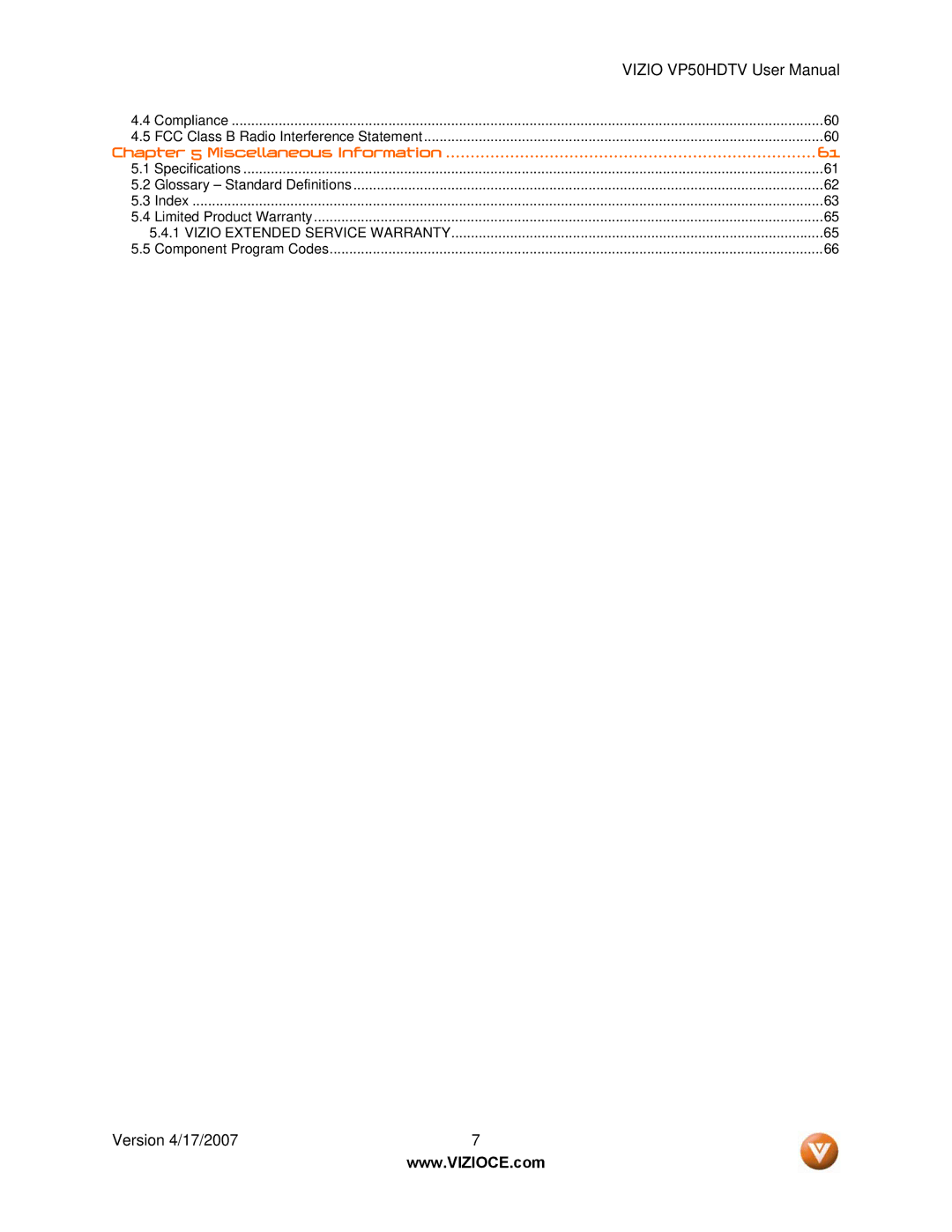 Vizio VP50HDTV manual Miscellaneous Information 