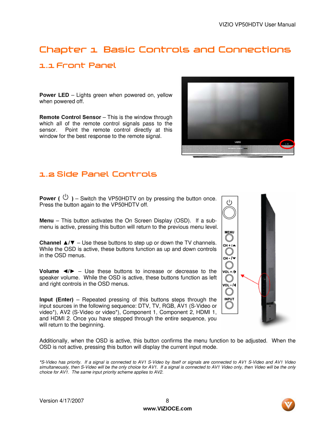 Vizio VP50HDTV manual Front Panel, Side Panel Controls 