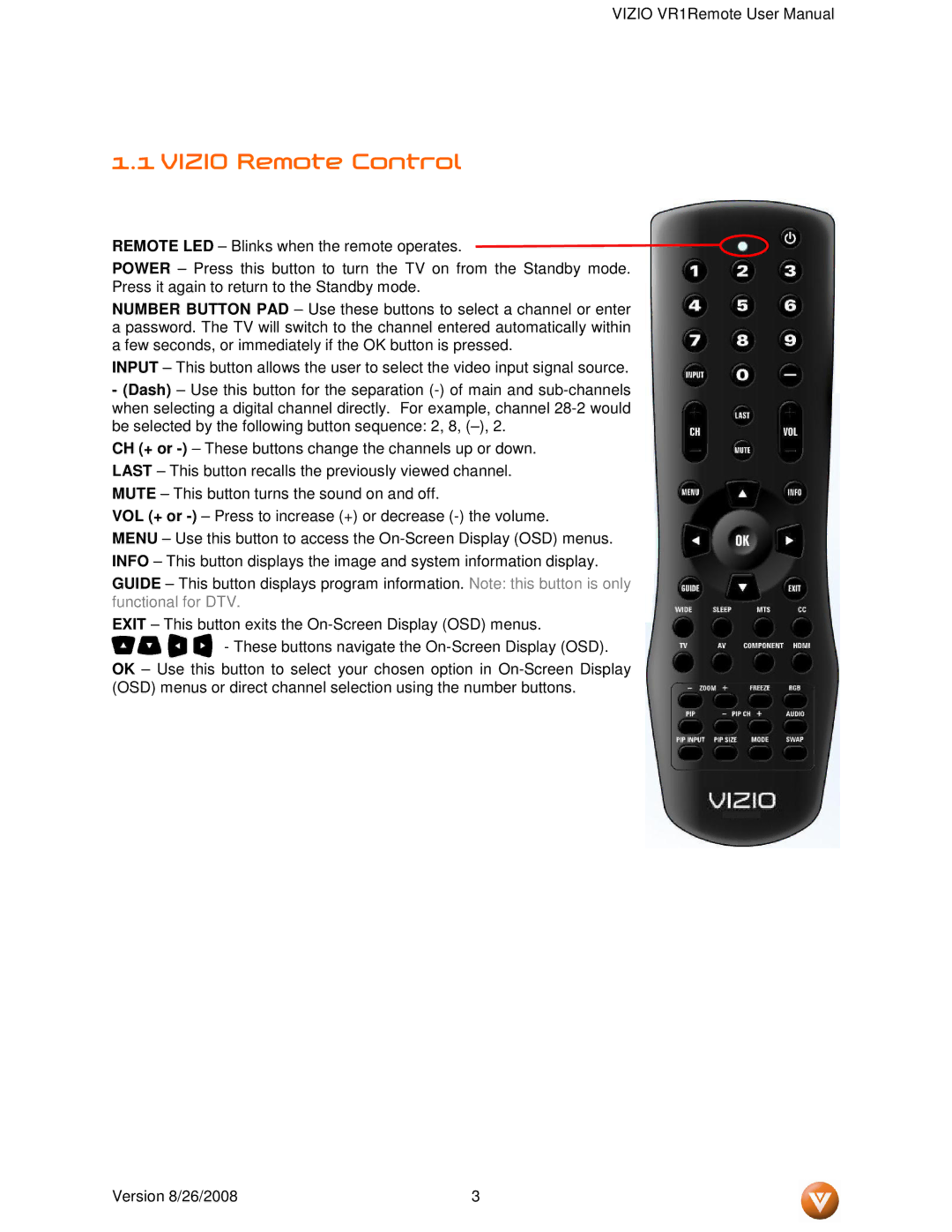 Vizio VR1 manual Vizio Remote Control 