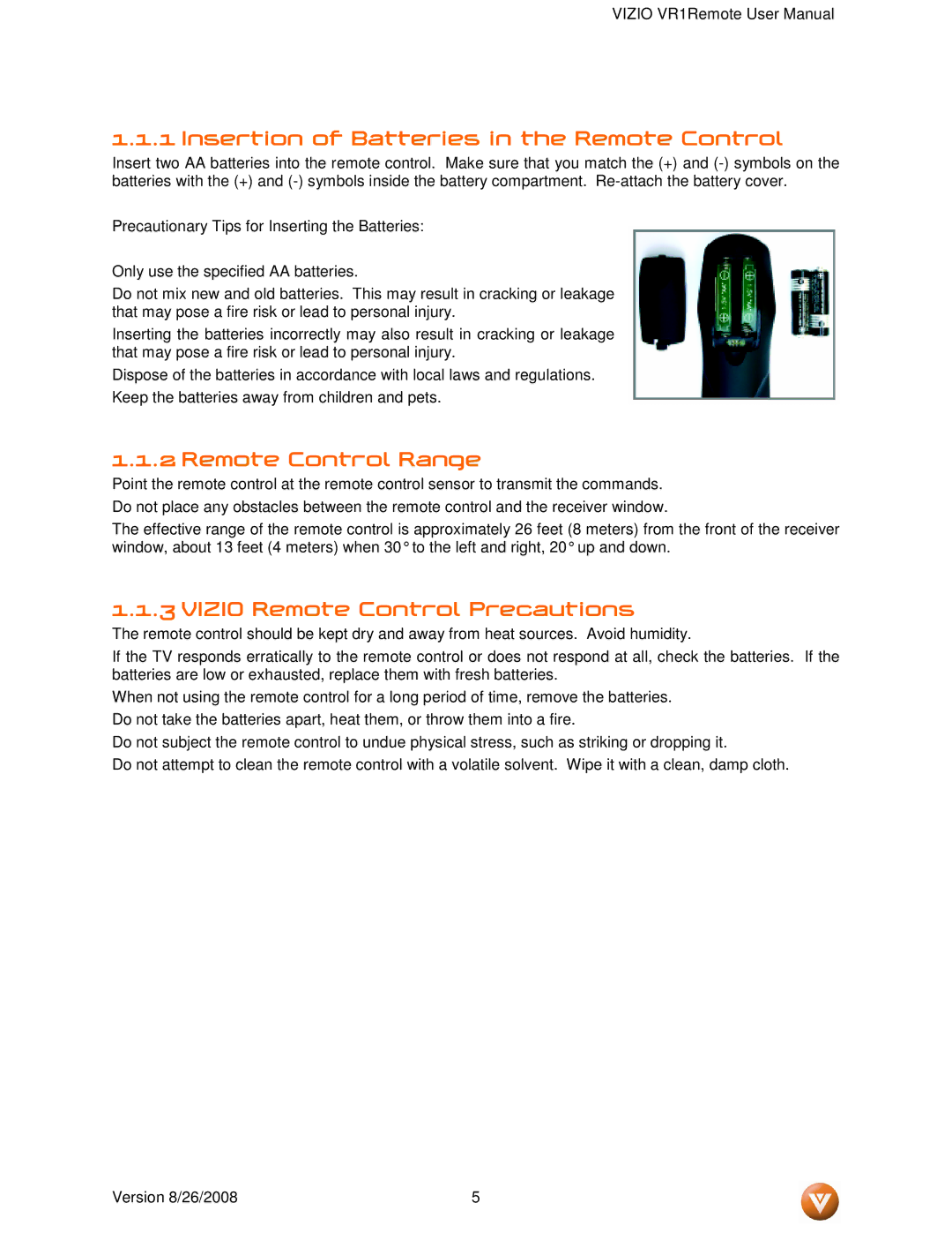 Vizio VR1 manual Insertion of Batteries in the Remote Control 