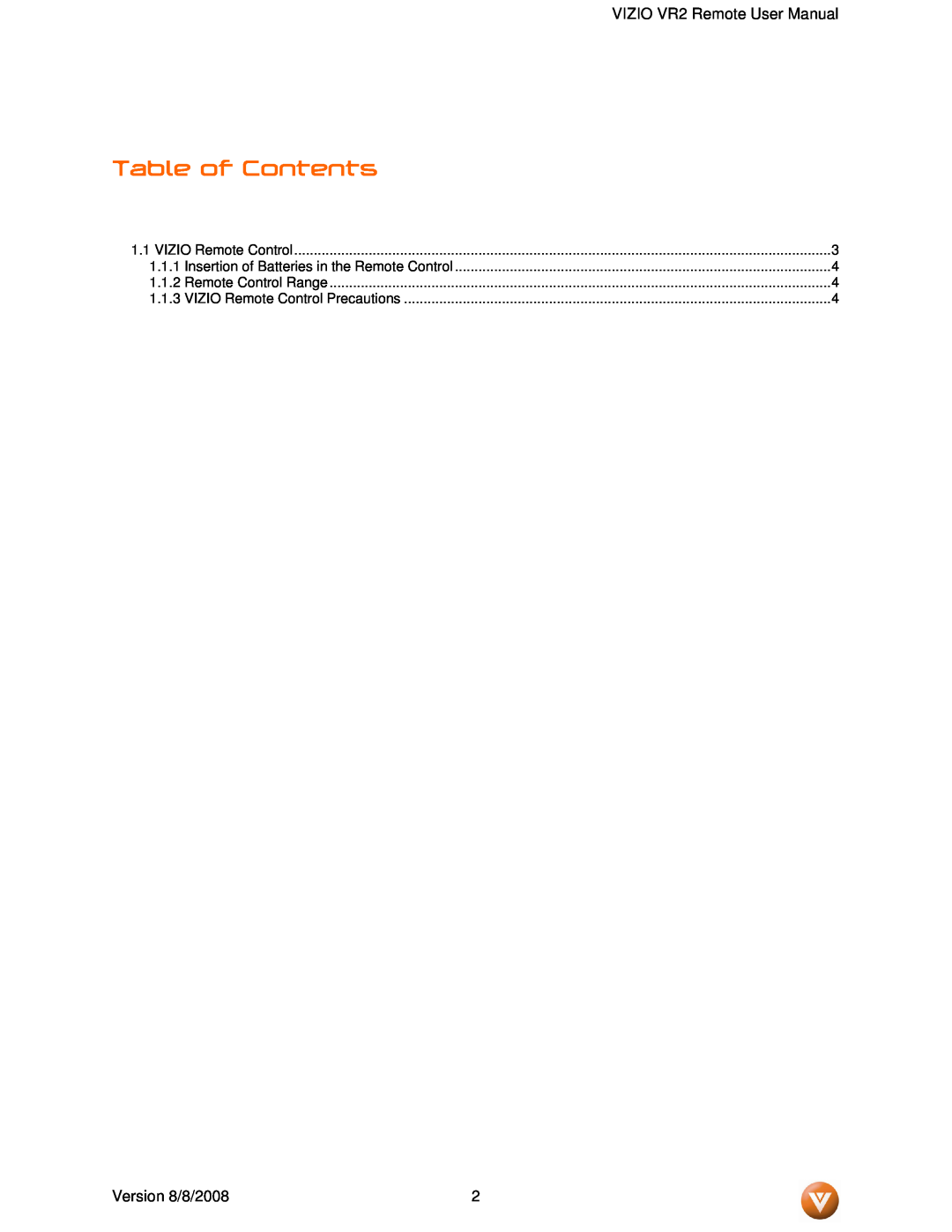 Vizio VR2 manual Table of Contents, Version 8/8/2008, VIZIO Remote Control, Remote Control Range 
