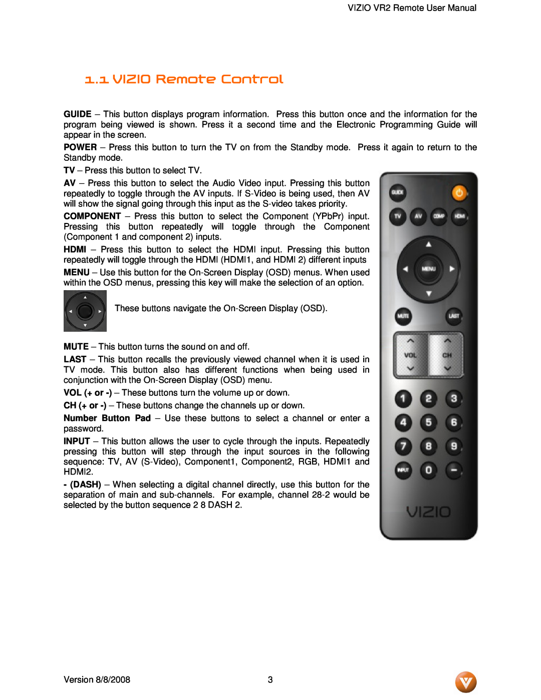 Vizio VR2 manual VIZIO Remote Control 