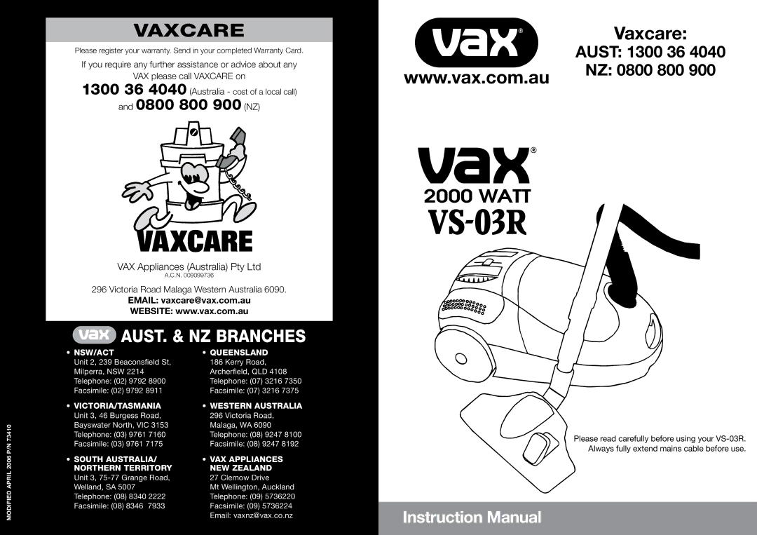 Vizio VS-03R instruction manual Vaxcare 