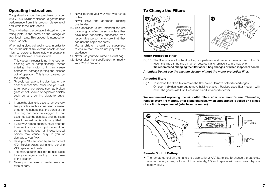 Vizio VS-03R instruction manual Operating Instructions, To Change the Filters, Motor Protection Filter, Air outlet filters 