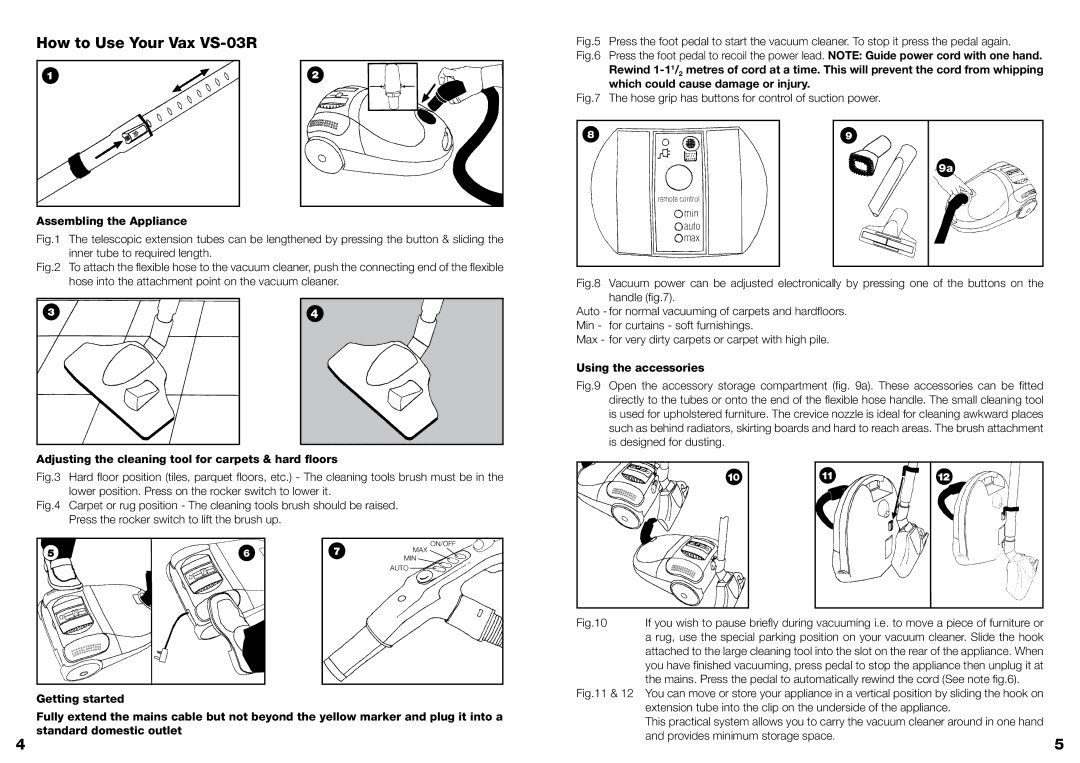 Vizio How to Use Your Vax VS-03R, Assembling the Appliance, Adjusting the cleaning tool for carpets & hard floors 