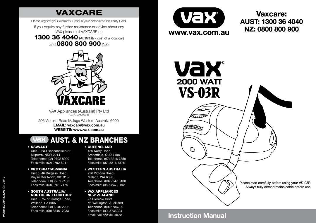 Vizio VS-03R instruction manual Vaxcare, Watt, Aust. & Nz Branches, and 0800 800 900 NZ, VAX please call VAXCARE on 