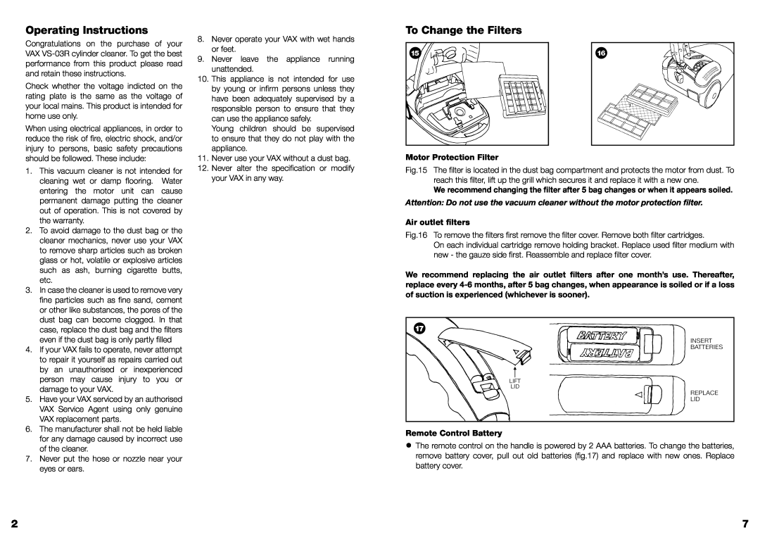Vizio VS-03R instruction manual Operating Instructions, To Change the Filters, Motor Protection Filter, Air outlet filters 