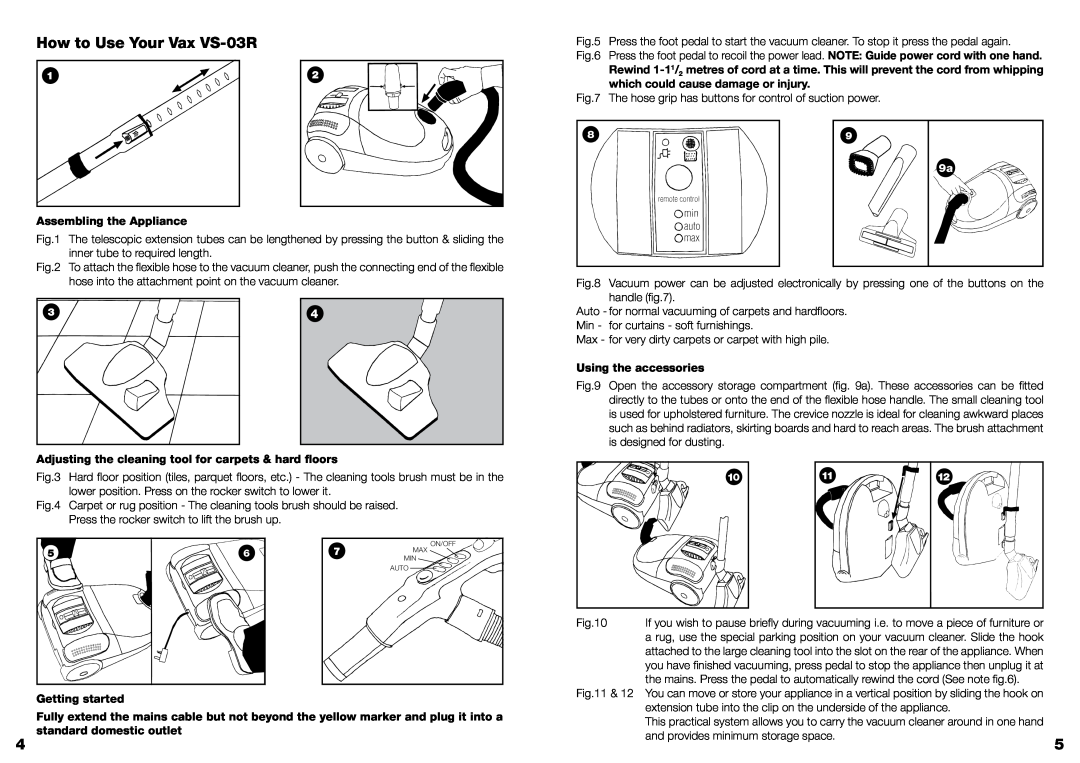 Vizio instruction manual How to Use Your Vax VS-03R, Assembling the Appliance, Getting started, Using the accessories 