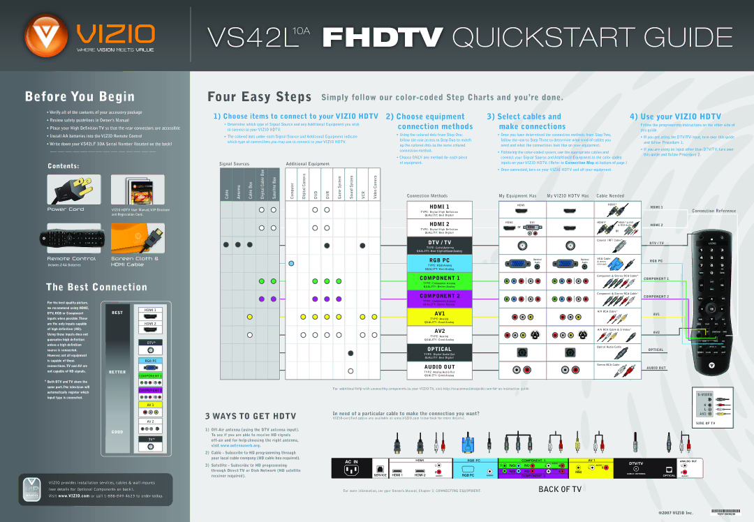 Vizio quick start VS42L10A Fhdtv Quickstart Guide 