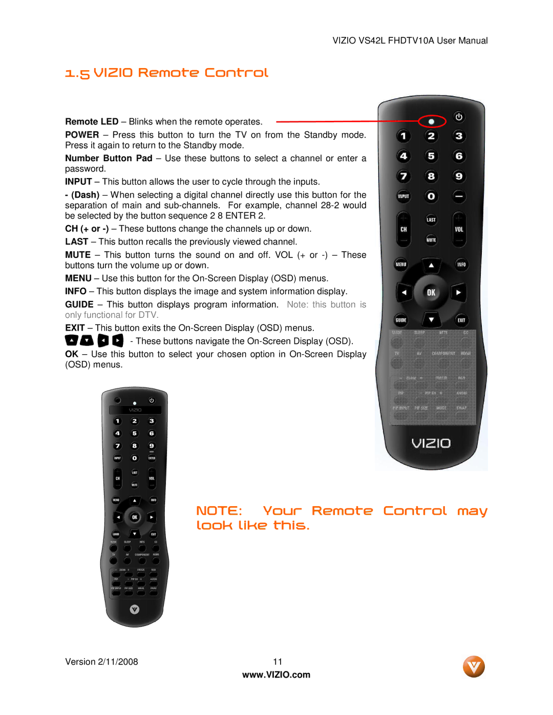 Vizio VS42LF manual Vizio Remote Control 