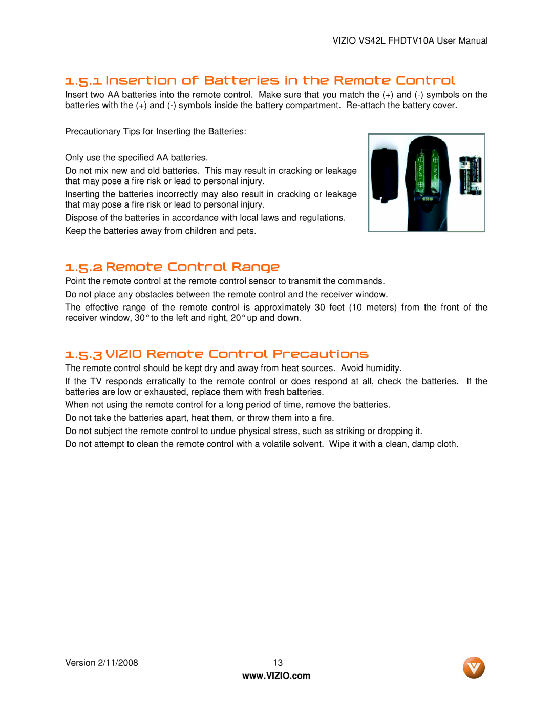 Vizio VS42LF manual Insertion of Batteries in the Remote Control, Remote Control Range, Vizio Remote Control Precautions 