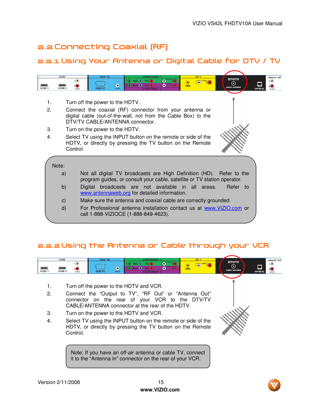 Vizio VS42LF manual Connecting Coaxial RF, Using Your Antenna or Digital Cable for DTV / TV 