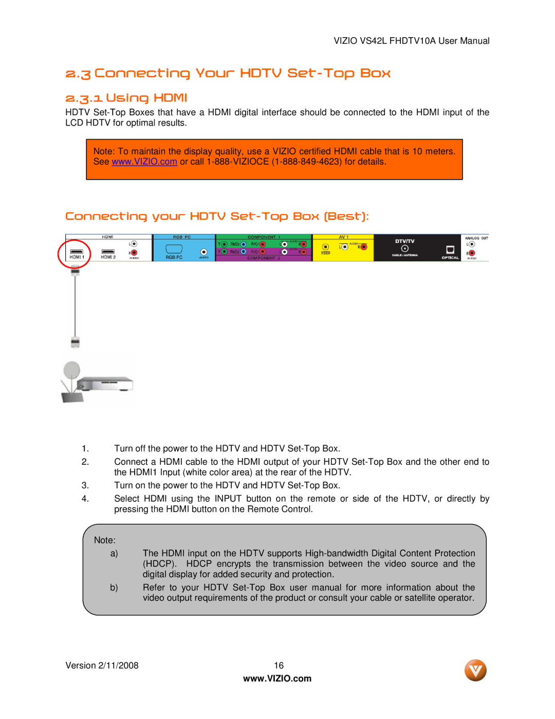 Vizio VS42LF manual Connecting Your Hdtv Set-Top Box, Using Hdmi, Connecting your Hdtv Set-Top Box Best 