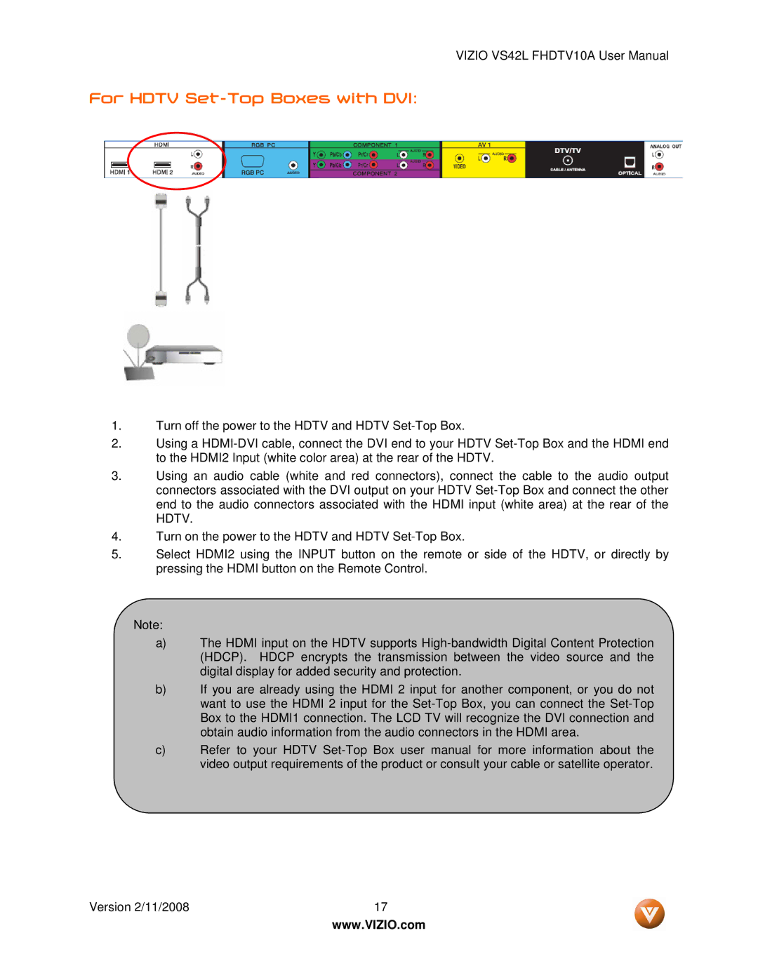 Vizio VS42LF manual For Hdtv Set-Top Boxes with DVI 