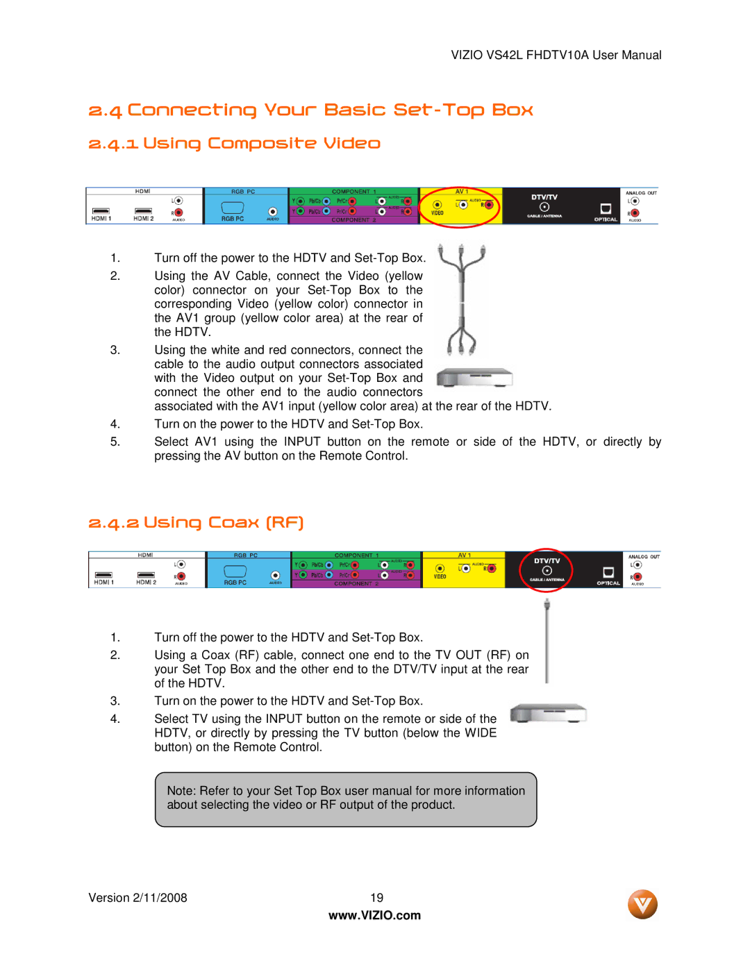 Vizio VS42LF manual Connecting Your Basic Set-Top Box, Using Composite Video, Using Coax RF 