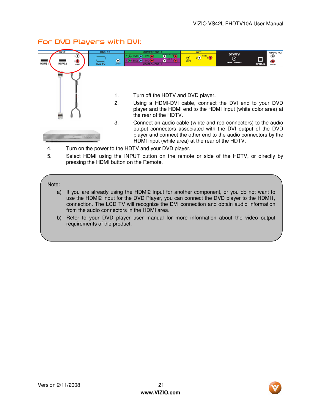 Vizio VS42LF manual For DVD Players with DVI 