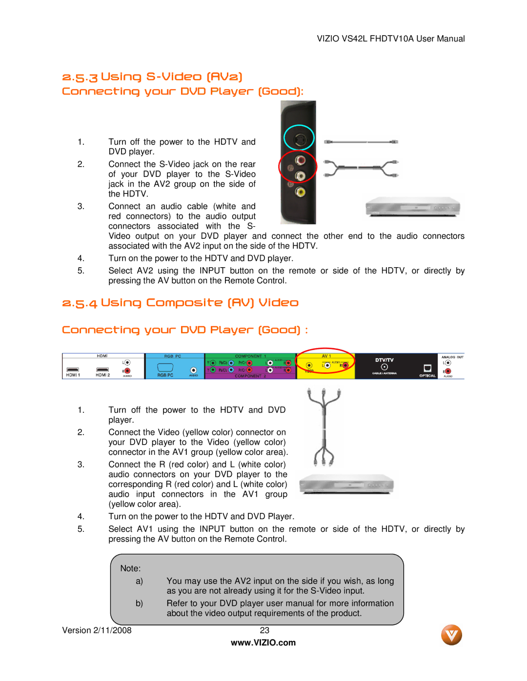 Vizio VS42LF manual Using S-Video AV2, Using Composite AV Video, Connecting your DVD Player Good 