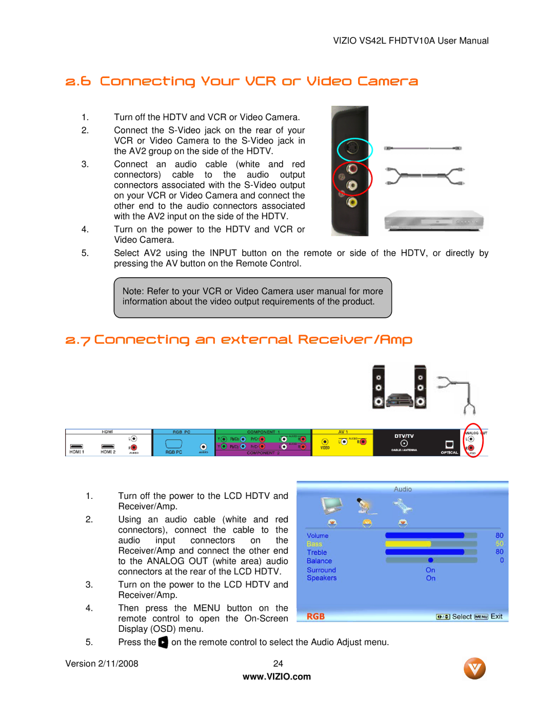 Vizio VS42LF manual Connecting Your VCR or Video Camera, Connecting an external Receiver/Amp 