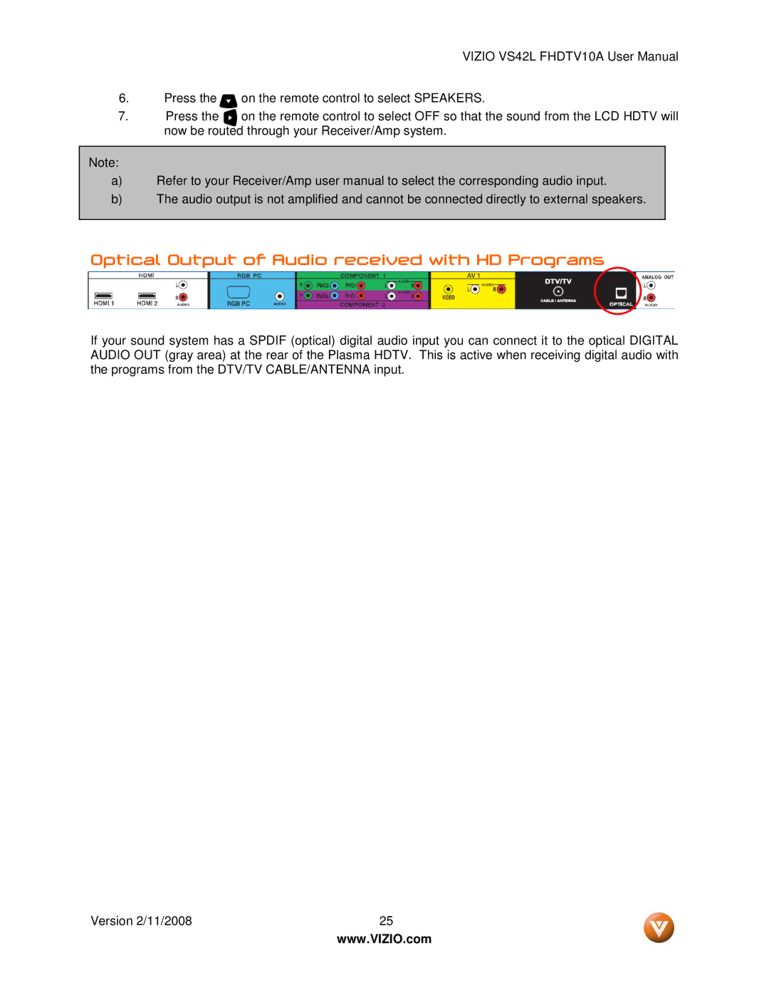 Vizio VS42LF manual Optical Output of Audio received with HD Programs 