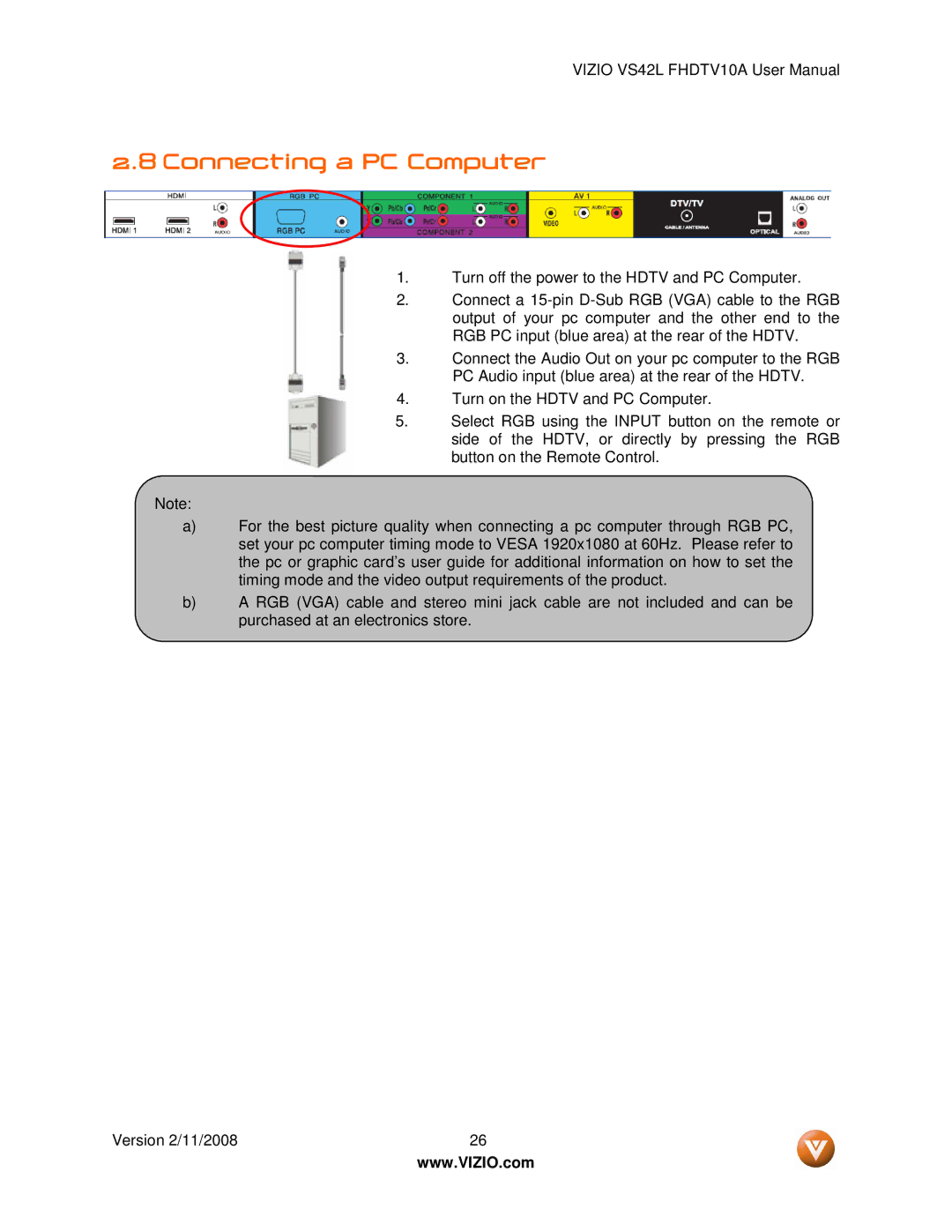 Vizio VS42LF manual Connecting a PC Computer 