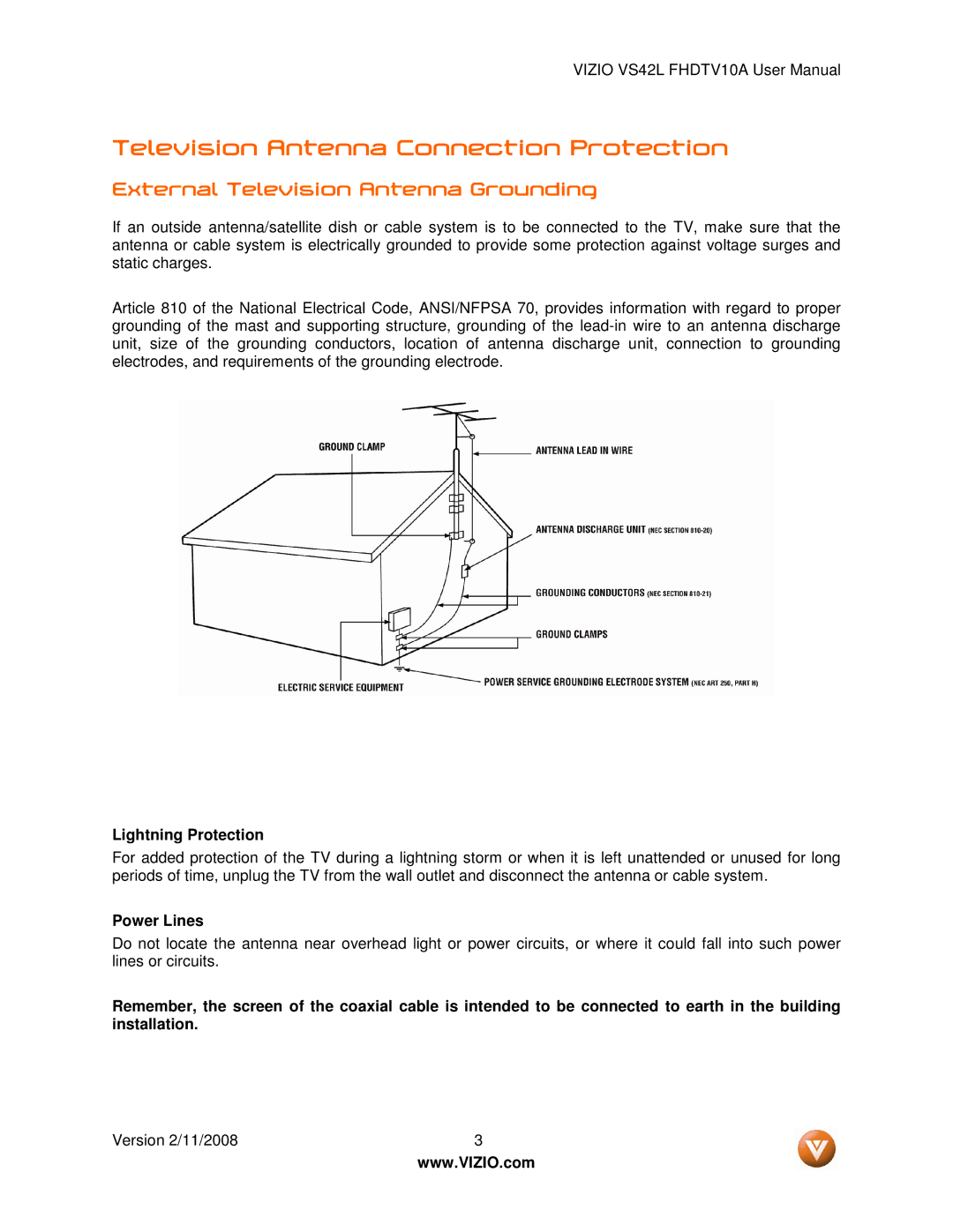 Vizio VS42LF manual Television Antenna Connection Protection, External Television Antenna Grounding 