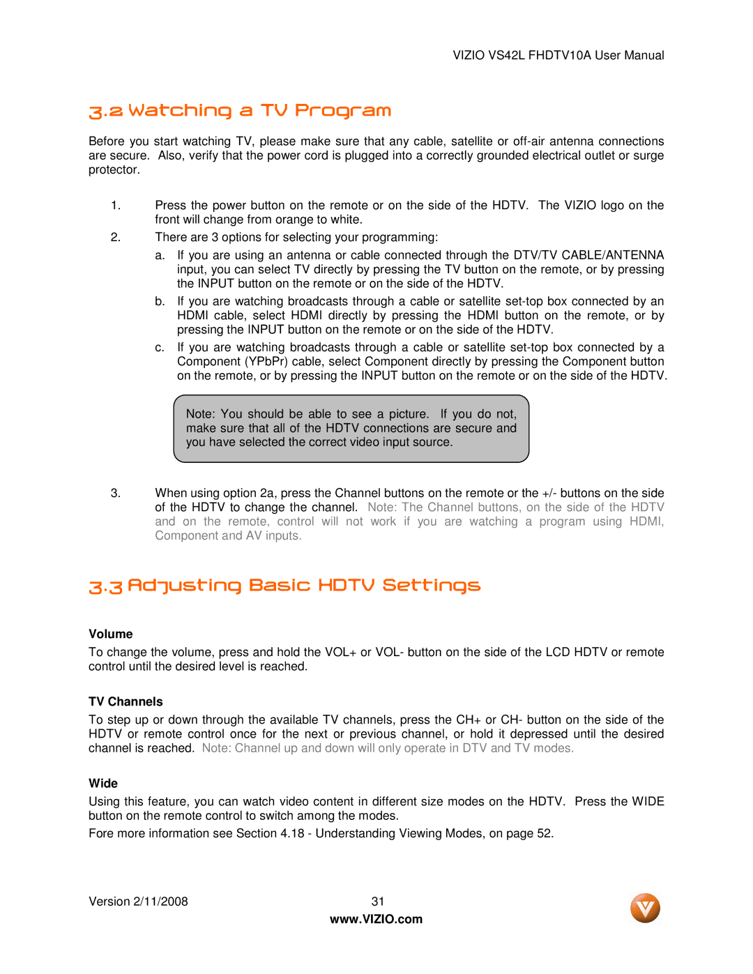 Vizio VS42LF manual Watching a TV Program, Adjusting Basic Hdtv Settings 