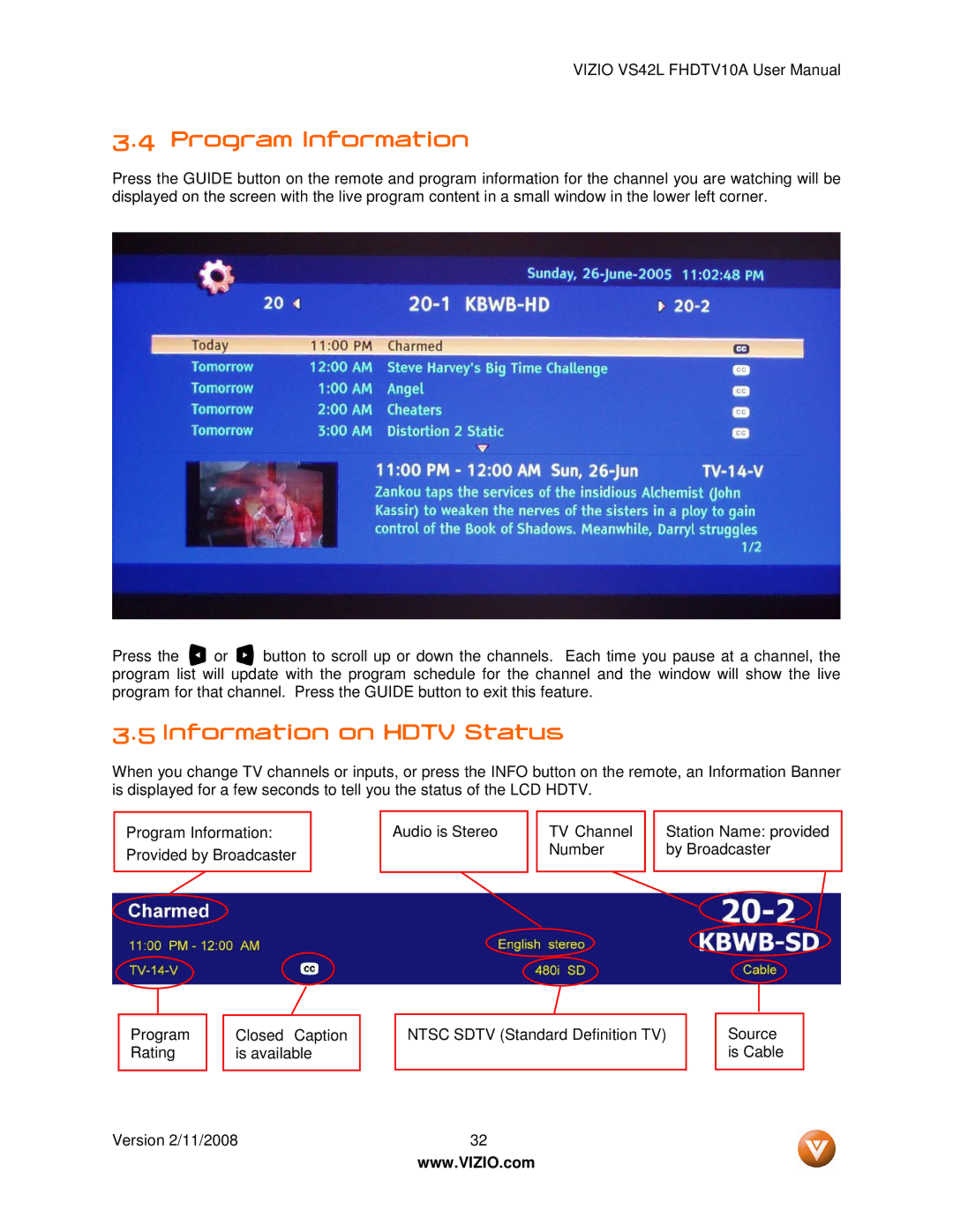 Vizio VS42LF manual Program Information, Information on Hdtv Status 