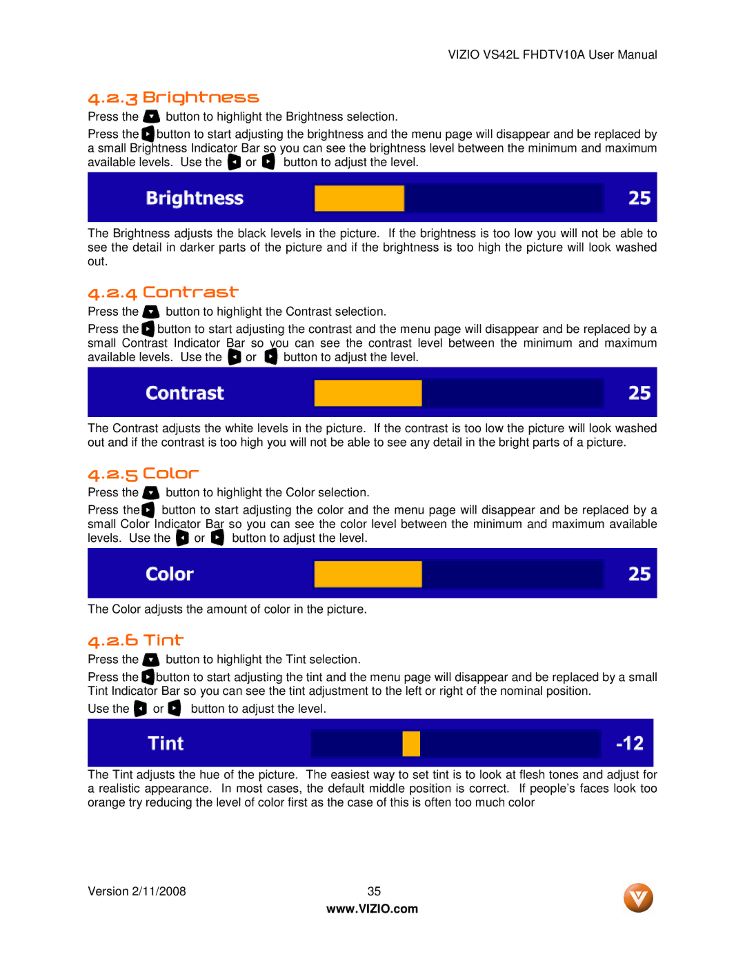 Vizio VS42LF manual Brightness, Contrast, Color, Tint 