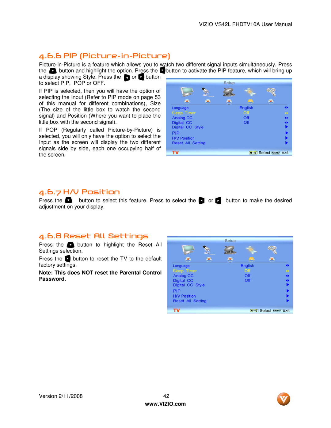 Vizio VS42LF manual PIP Picture-in-Picture, 7 H/V Position, Reset All Settings 