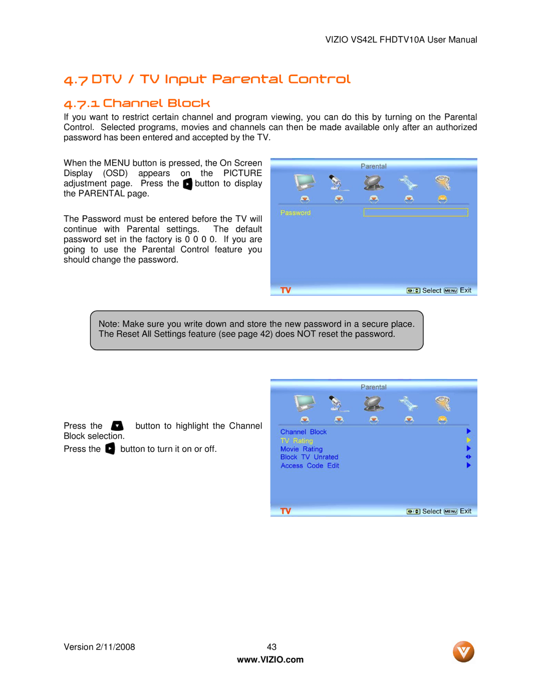 Vizio VS42LF manual DTV / TV Input Parental Control, Channel Block 