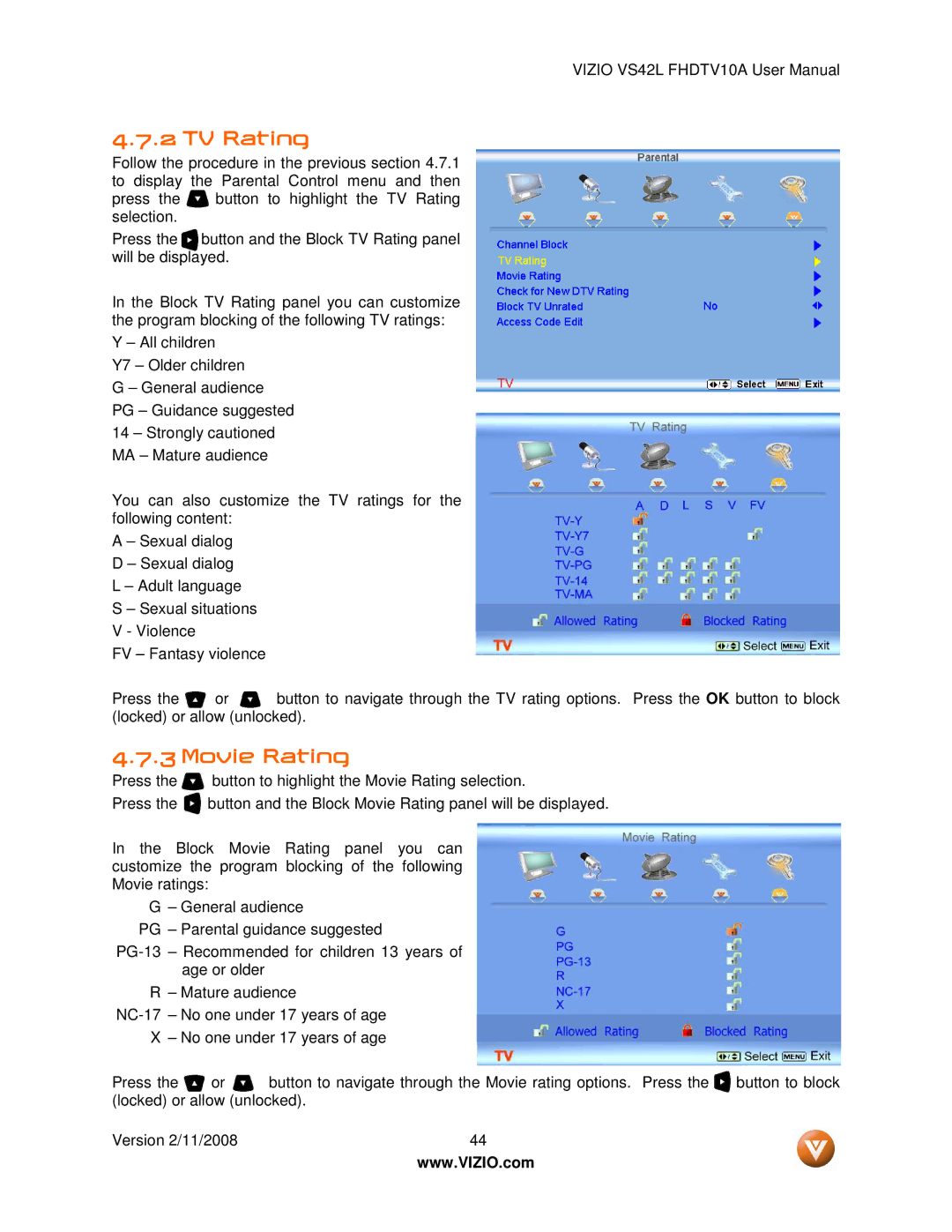 Vizio VS42LF manual TV Rating, Movie Rating 