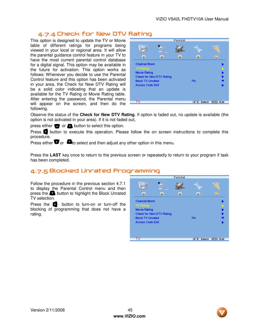 Vizio VS42LF manual Check for New DTV Rating, Blocked Unrated Programming 