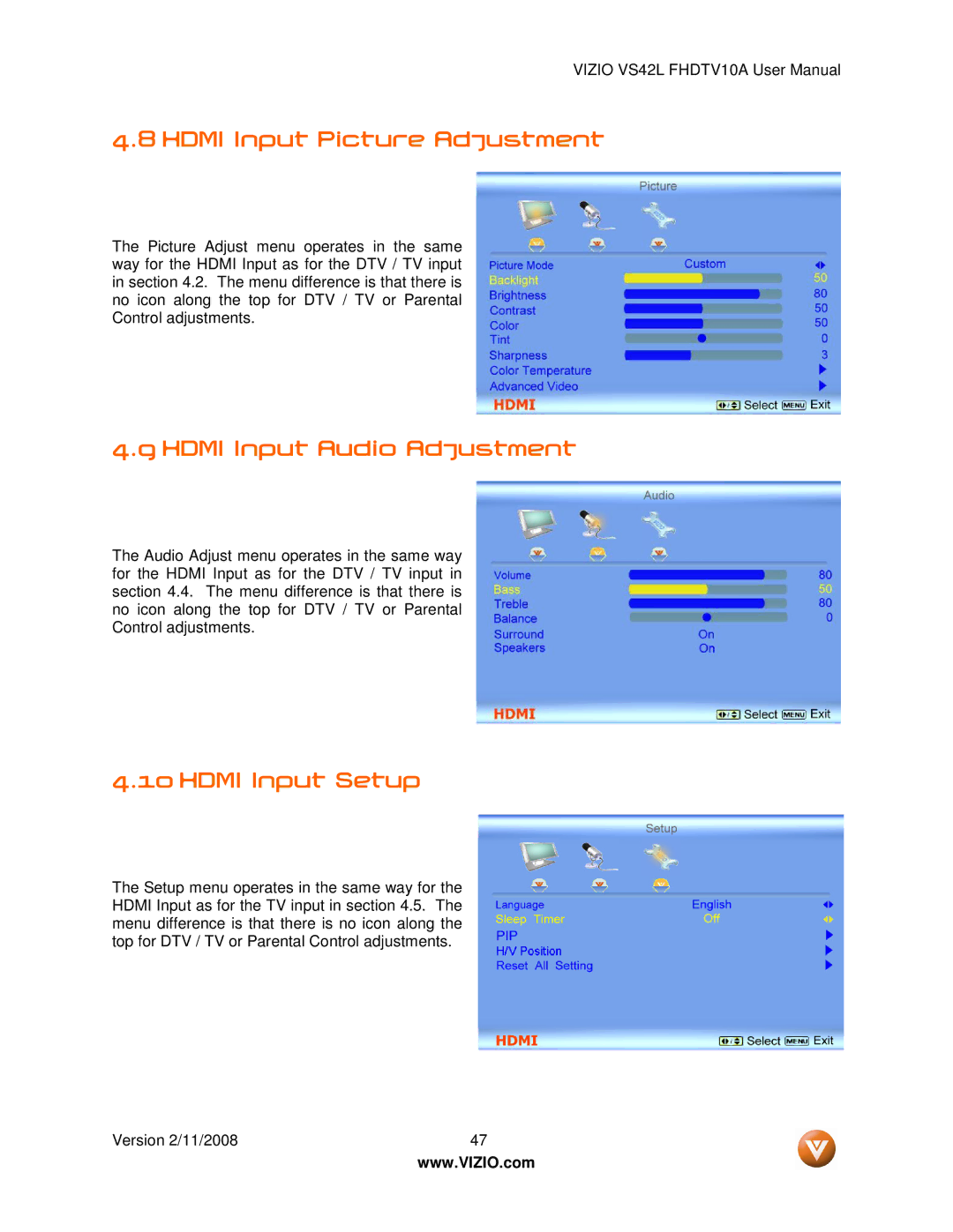 Vizio VS42LF manual Hdmi Input Picture Adjustment, Hdmi Input Audio Adjustment, Hdmi Input Setup 