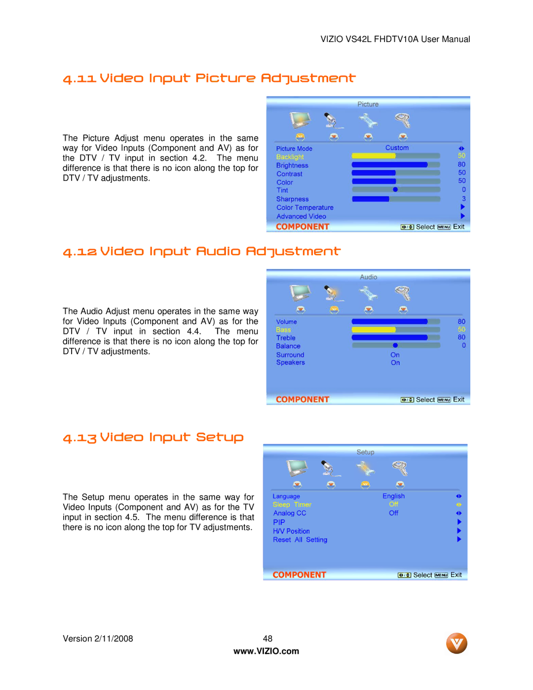 Vizio VS42LF manual Video Input Picture Adjustment, Video Input Audio Adjustment, Video Input Setup 