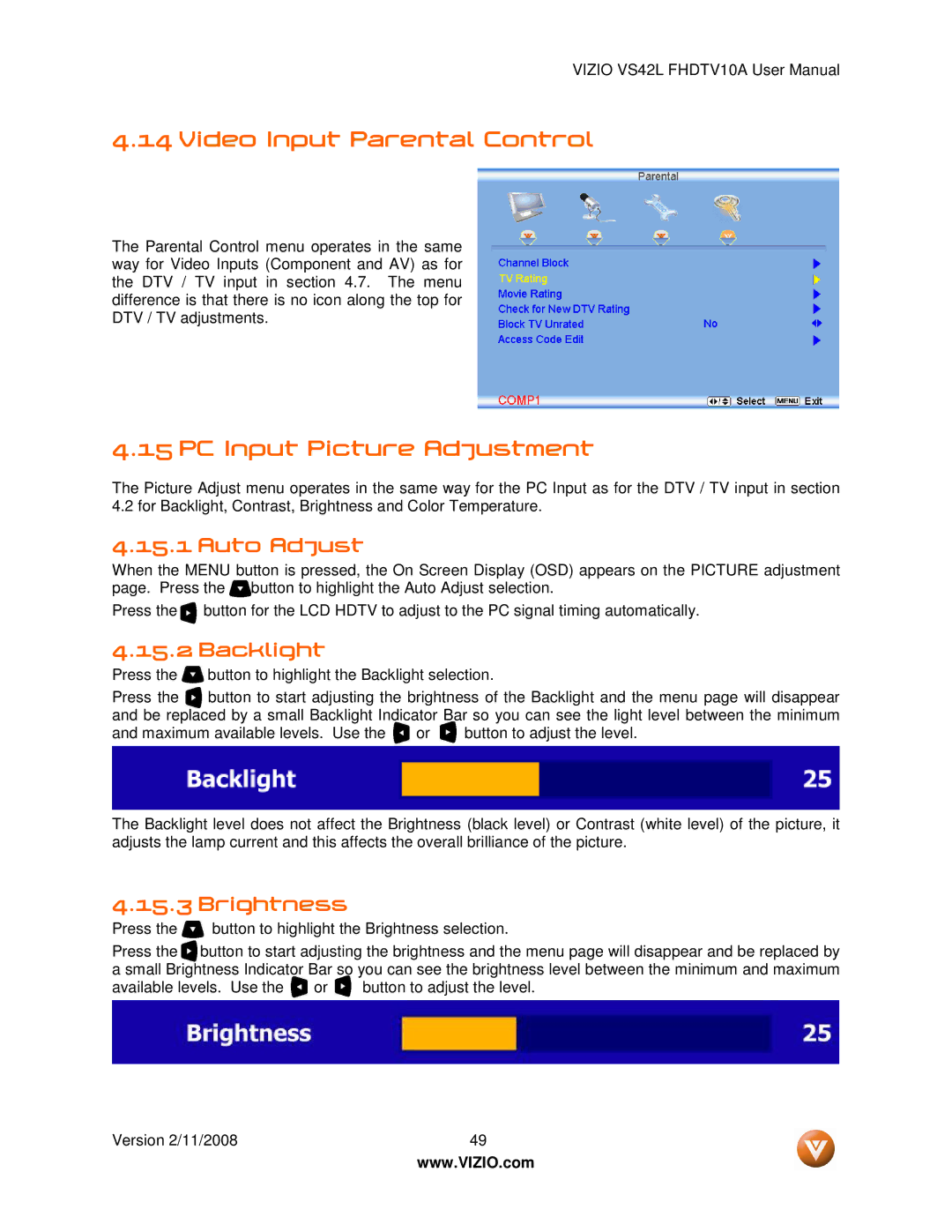 Vizio VS42LF manual Video Input Parental Control, PC Input Picture Adjustment, Auto Adjust 