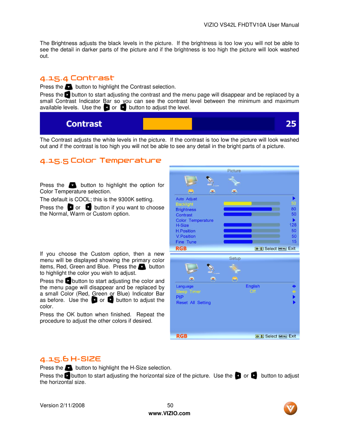 Vizio VS42LF manual Contrast, Size 