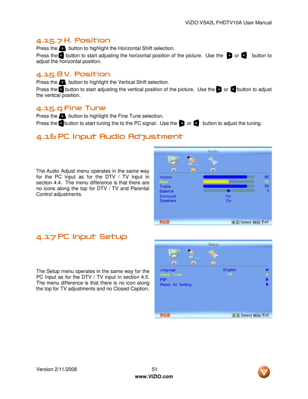 Vizio VS42LF manual PC Input Audio Adjustment, PC Input Setup, 15.7 H. Position, 15.8 V. Position, Fine Tune 